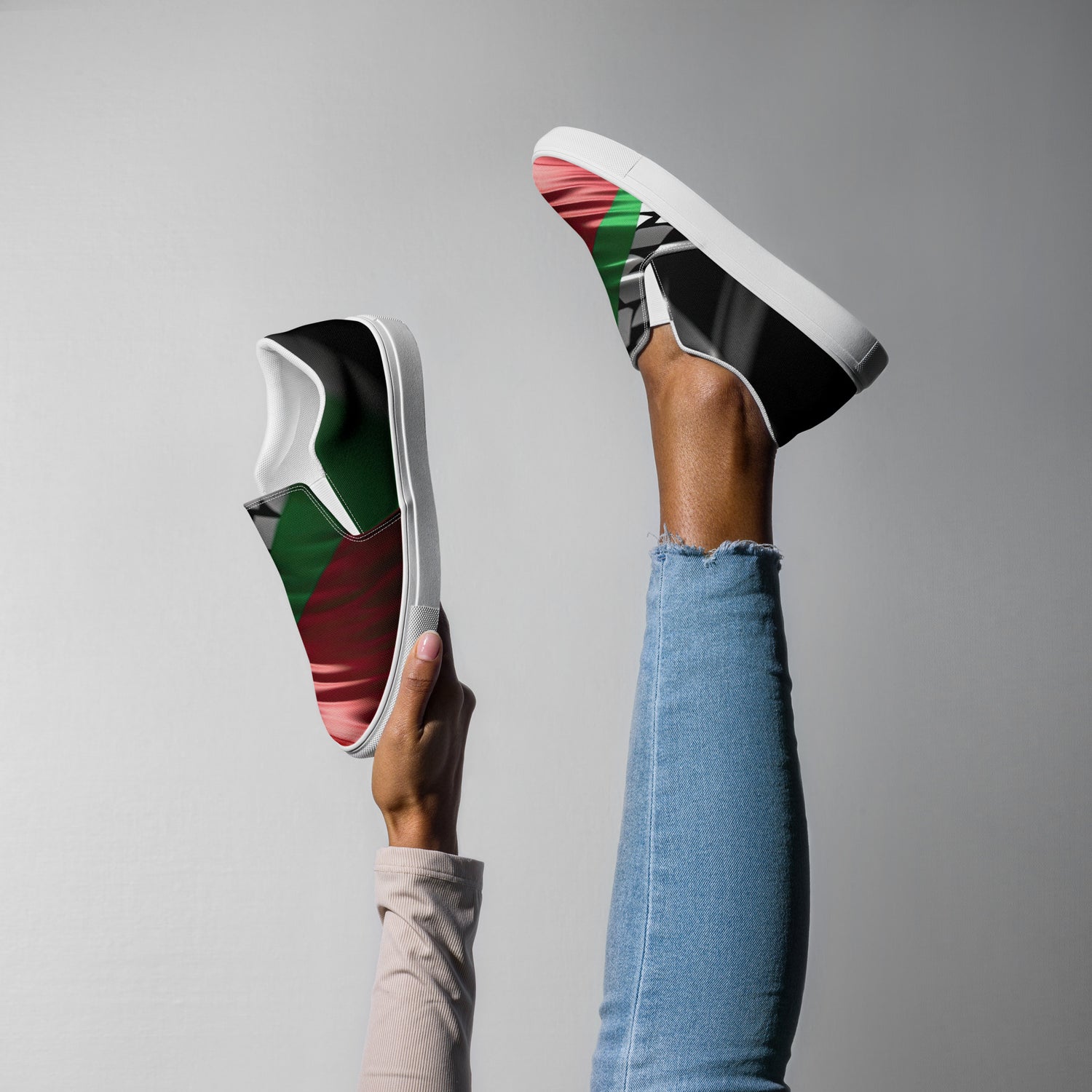 Keffiyeh World &quot;Palestine Flag&quot;- Women’s slip-on canvas shoes W/ Blk Kngdom Logo