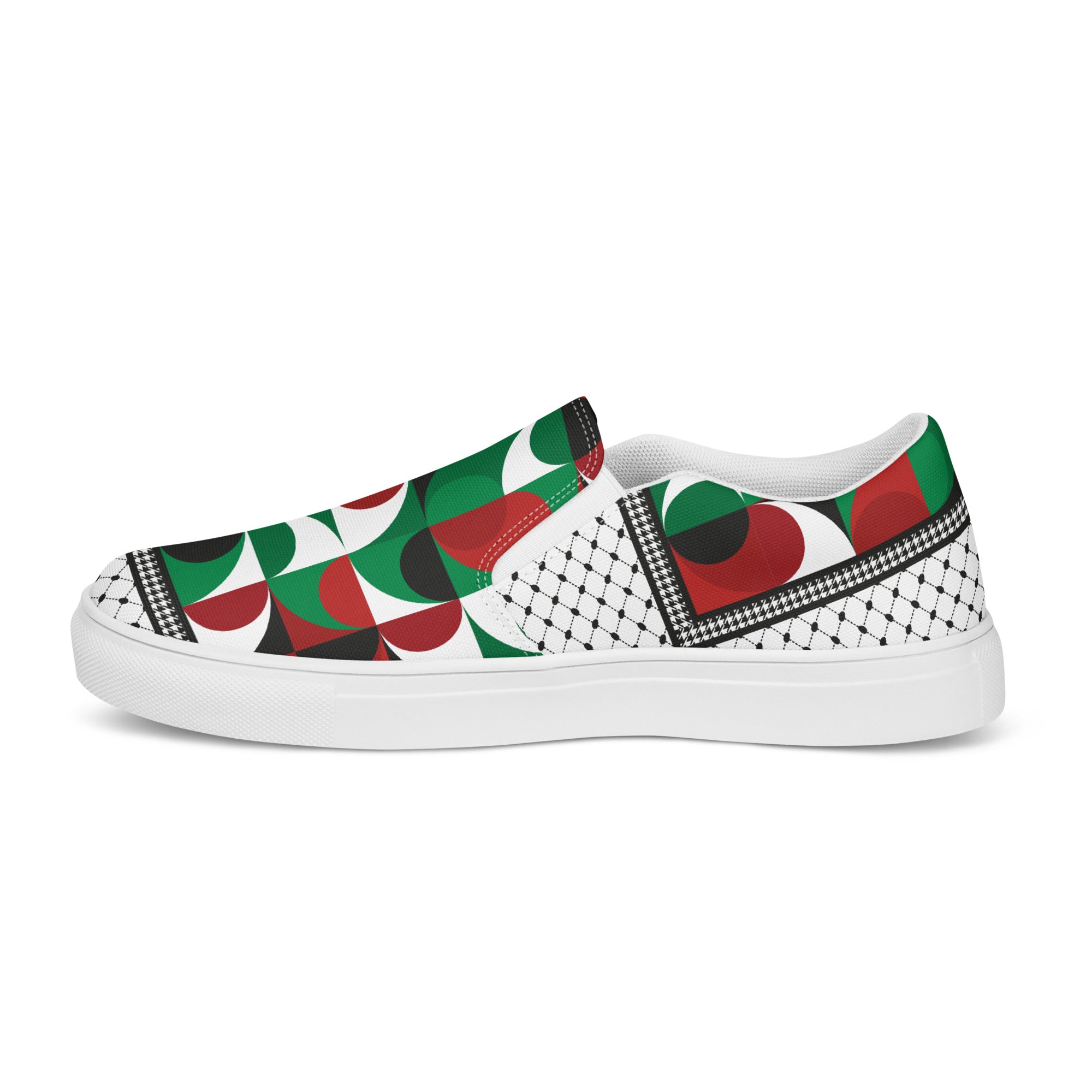 &quot;FREE PALESTINE&quot; Keffiyeh- Women’s slip-on canvas shoes W/ Blk Kngdom Logo