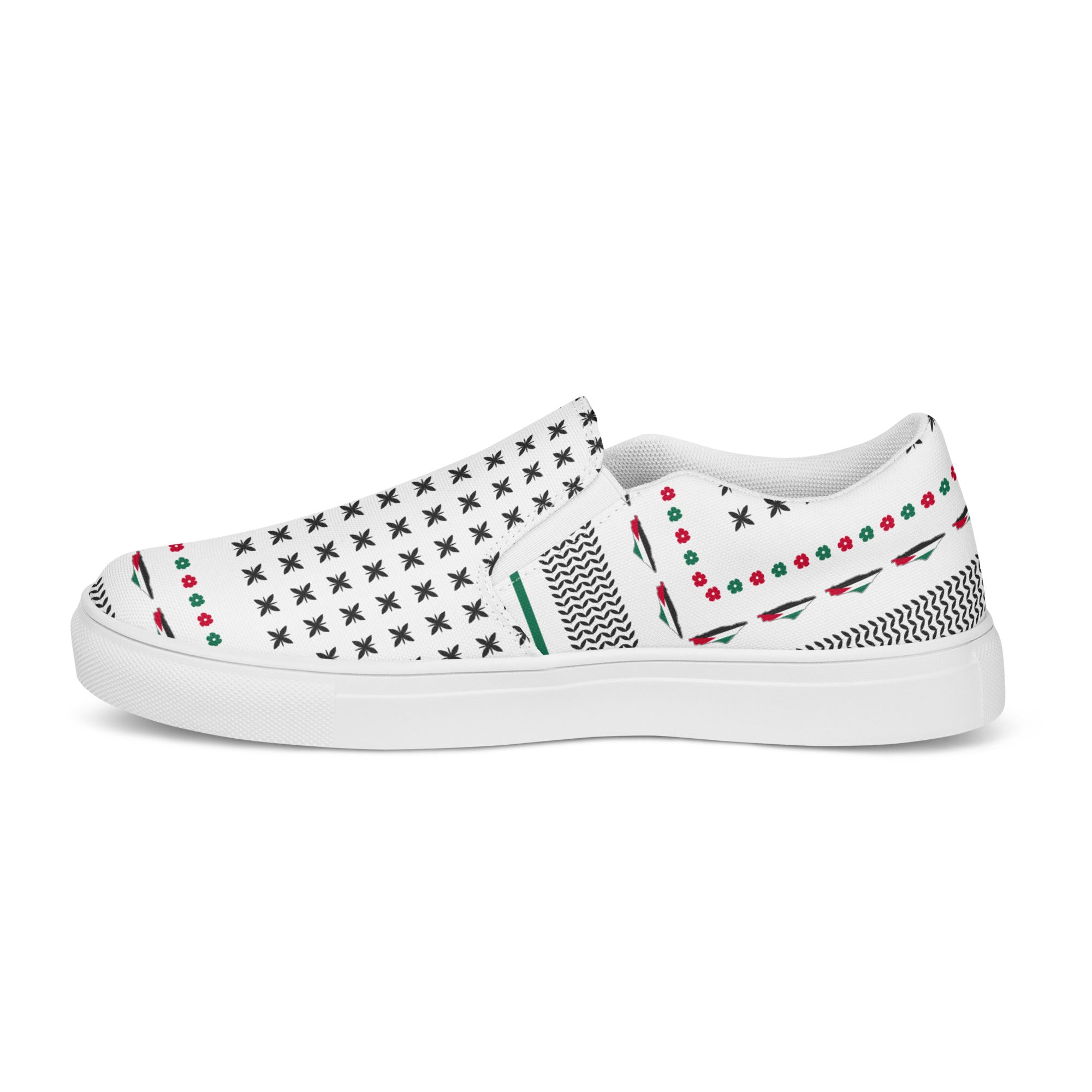 &quot;FREE PALESTINE&quot; Keffiyeh World- Women’s slip-on canvas shoes W/ Blk Kngdom Logo