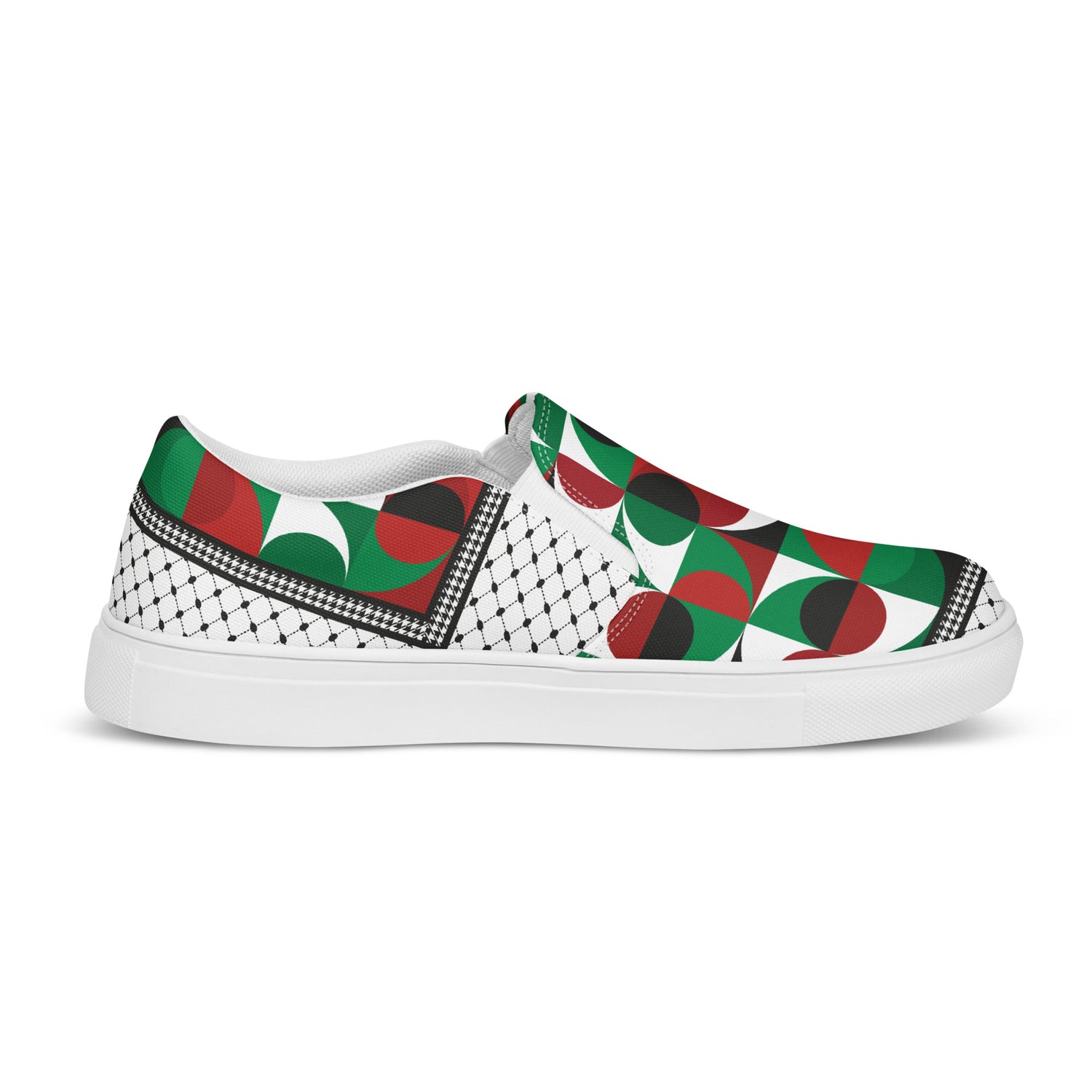 &quot;FREE PALESTINE&quot; Keffiyeh- Women’s slip-on canvas shoes W/ Blk Kngdom Logo