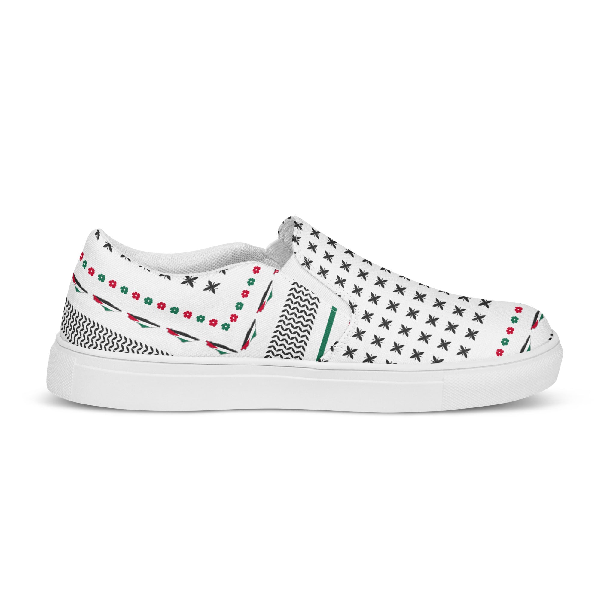 &quot;FREE PALESTINE&quot; Keffiyeh World- Women’s slip-on canvas shoes W/ Blk Kngdom Logo