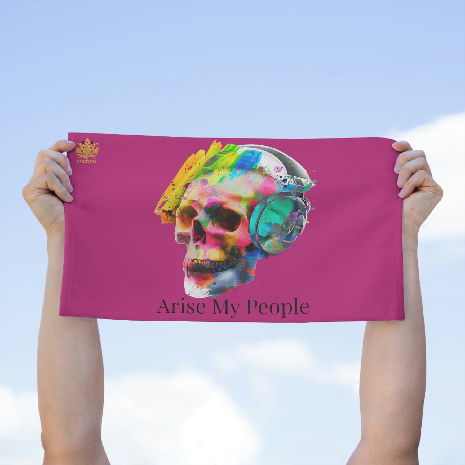 EZEKIEL 37 &quot;Arise My People&quot; Skull W/Headphones Design Image- Rally Towel (Kngdom Logo W/ &quot;Arise My People&quot; Black Letter Print)